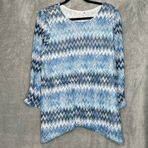 Alfred Dunner 1X Shirt Top Blue Chevron Striped 3/4 Sleeve Scoop Neck Lace Over